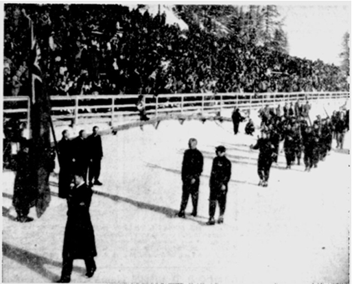 Photo: Montreal Gazette Photo and News Caption of Hubert Brooks Leading Canadian Contingent in March Past at Opening Ceremonies 1948 Winter Olympics